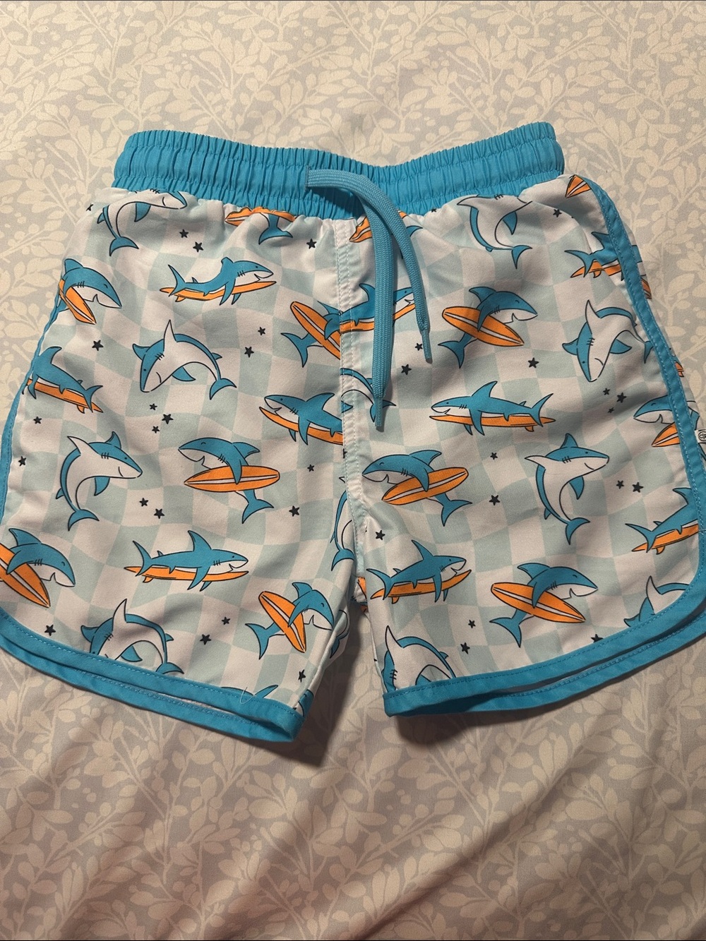 Caden Lane Light Blue Shark & Orange Surf Swim Trunks